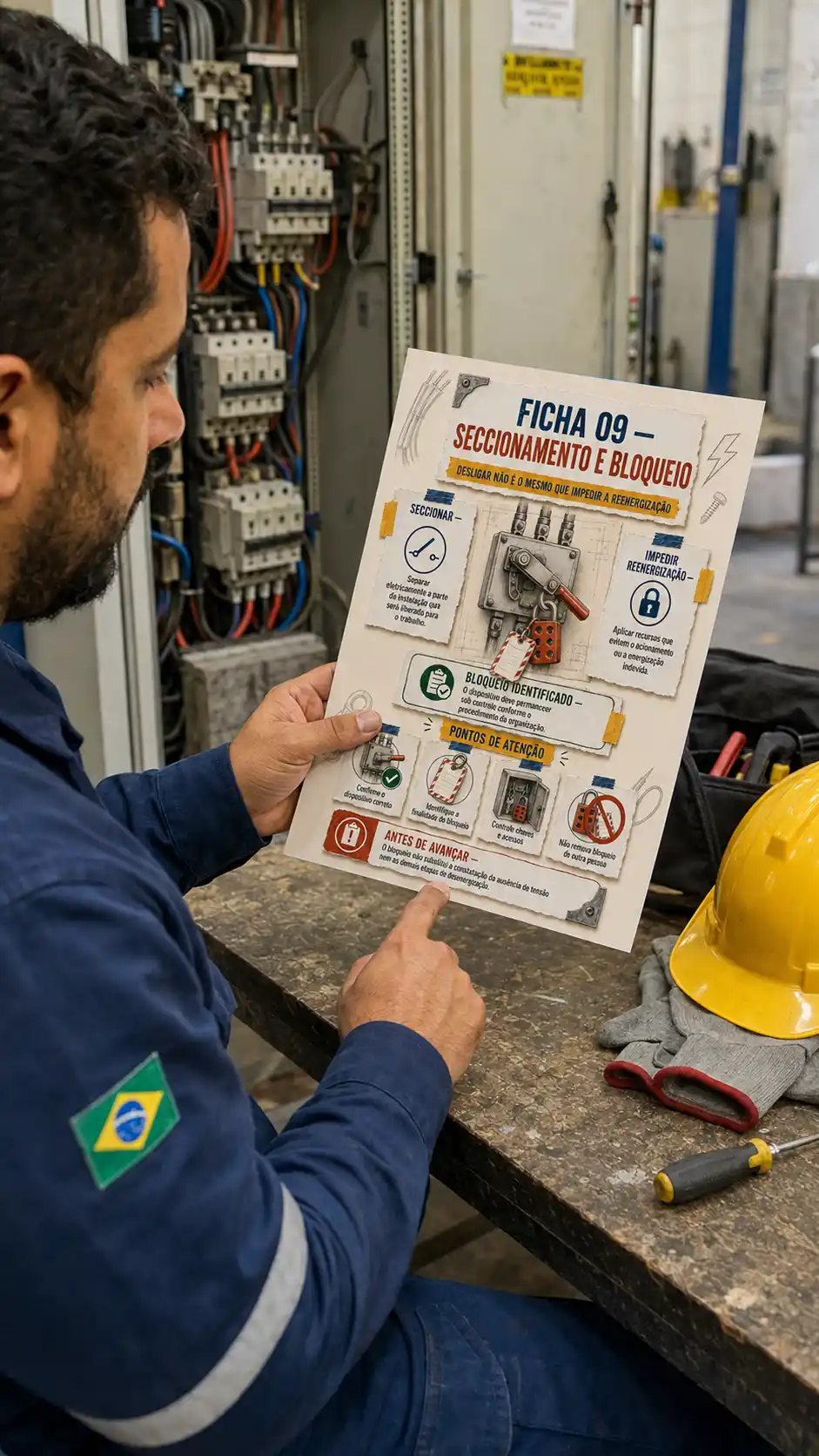 Profissional consultando a ficha de seccionamento e bloqueio