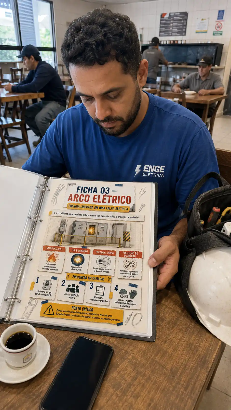 Profissional usando as fichas visuais da NR-10 em uma pasta